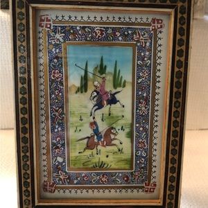 Persian antique mini painting, watercolor on suratari bone. Framed in Khatam